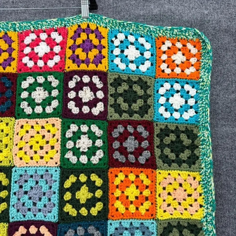 Crochet Granny Square Baby Blanket Small Ivory Multicolor Handmade 33X38 Afghan